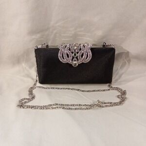 Camillë Black Evening Clutch Purse w/ Crystal Accent & Chain Strap